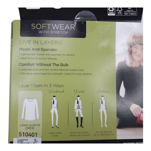 Cuddl Duds Softwear Long Sleeve Crew Medium Stretch Modal Blend Top Off White - Picture 5 of 13